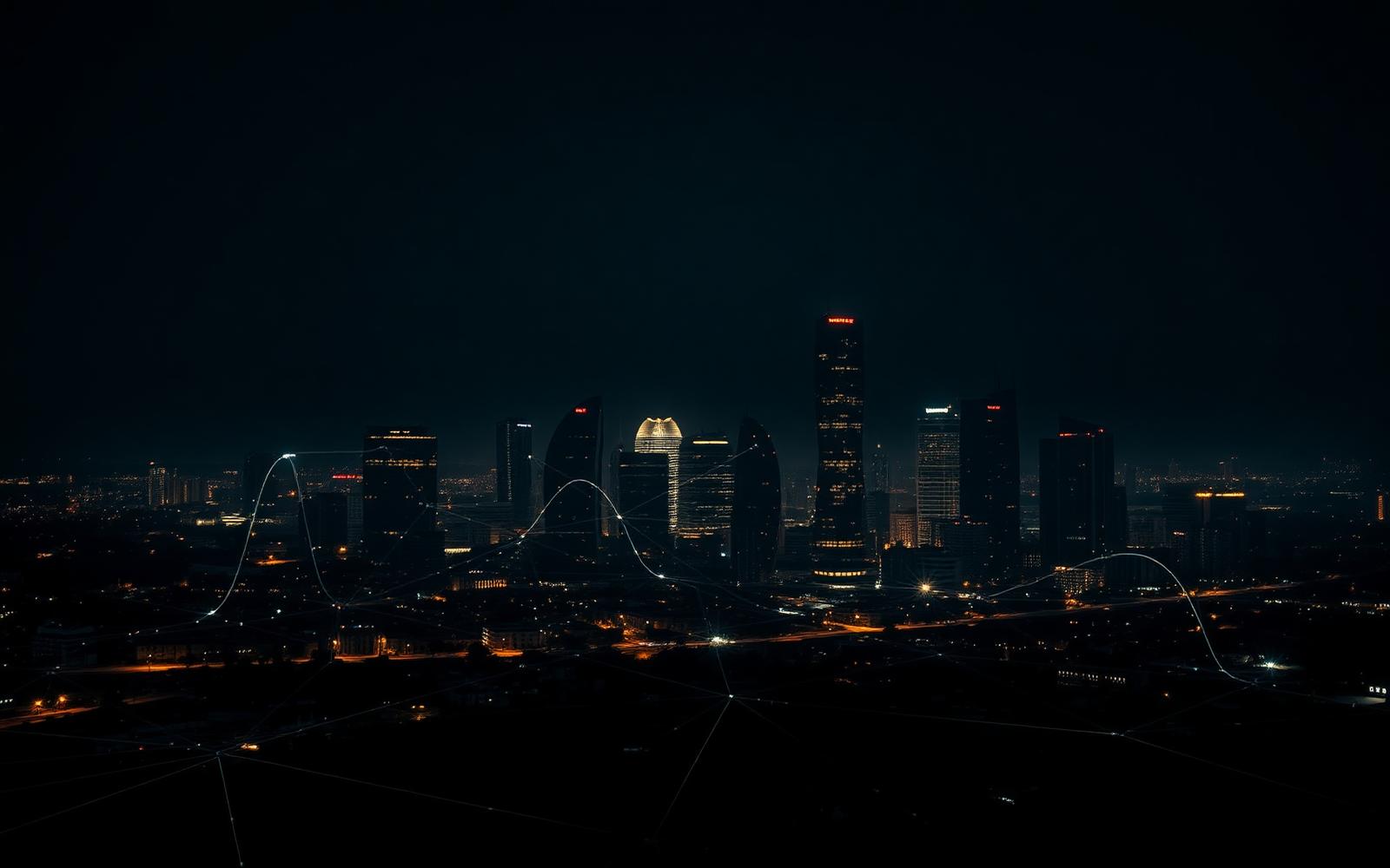 Skyline de Luanda à noite com uma rede de dados sobreposta